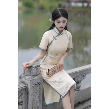 Китайский Традиционный Ципао с коротким рукавом Cheongsam Женская вечеринка Свадебная мода Винтажное платье с принтом в стиле ретро