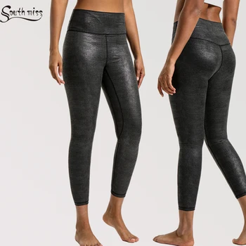 Тренировочные леггинсы из матовой искусственной кожи для женщин, эластичные кожаные брюки с высокой талией, колготки для йоги из искусственной кожи с контролем живота, с карманом