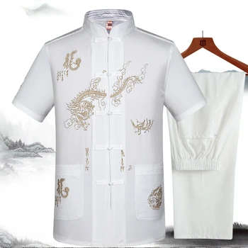 Костюм Тан, мужской костюм с коротким рукавом, повседневное традиционное хлопчатобумажное льняное пальто, костюм из 2 предметов, костюм Конг Фу, Китайская одежда Тайцзи на пуговицах