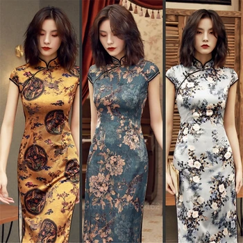 Yourqipao Летнее Китайское Традиционное платье Cheongsam Qipao Party Свадебная мода Ретро Журавль Цветочный принт Атласное Короткое платье