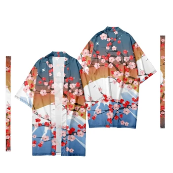 Мужское японское длинное кимоно, кардиган, костюм самурая, кимоно с традиционным рисунком Сакуры, рубашка-кимоно, куртка-юката, 5 шт.