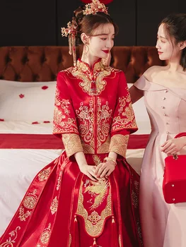 Китайский Стиль Феникс Вышивка Свадебный Костюм Свадебное Платье Чонсам Восточная Невеста Одежда Для Жениха Винтажное Ципао