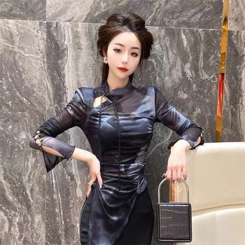 Женская рубашка с длинными рукавами и кисточками в китайском стиле 2024 года в стиле ретро со стоячим воротником и пуговицами в восточном стиле, облегающий топ для похудения