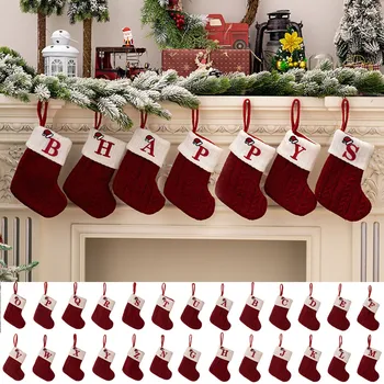 Рождественские Декоративные принадлежности Красные Вязаные Рождественские Носки Подвеска в виде Рождественской елки Шерстяные носки с вышивкой 