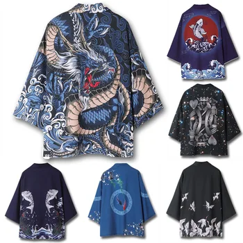 Большой Размер 5XL Японское Кимоно Кардиган Harajuku Пальто с принтом Дракона Рубашка Традиционная Одежда самураев Свободное Кимоно Юката