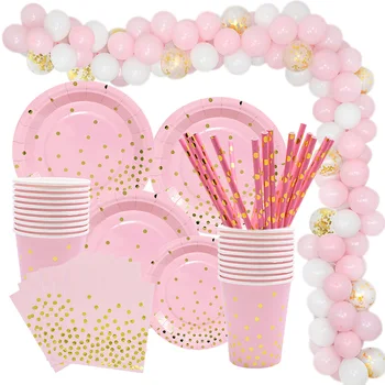 Золотой набор одноразовой посуды и розовые салфетки, бумажные стаканчики, тарелки, украшение для первого дня рождения ребенка, принадлежности для девичника