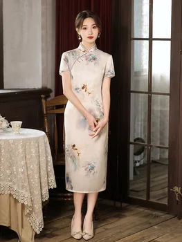 Традиционный китайский Чонсам для женщин, элегантные атласные платья в стиле ретро с цветочным принтом, улучшенный тонкий Чонсам