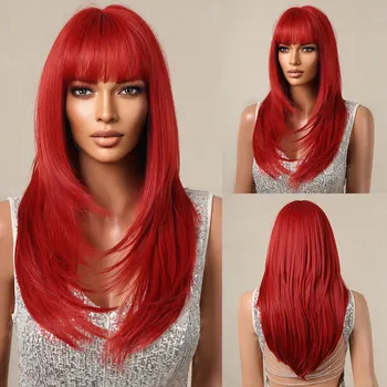 Красный Косплей Хэллоуин Синтетические парики Красочные волосы Длинный прямой многослойный парик с челкой для женщин Вечерние волосы Термостойкие