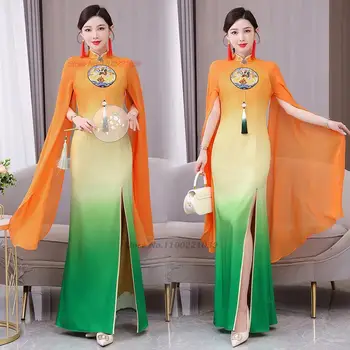 китайское винтажное платье 2024 года, улучшенная национальная цветочная вышивка чонсам, градиентный цвет, ципао, ретро-платье для банкета и вечеринки