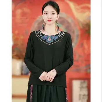2024 китайская традиционная рубашка, улучшенные топы hanfu, рубашки с круглым вырезом с национальной цветочной вышивкой, базовая рубашка в восточном этническом ретро стиле