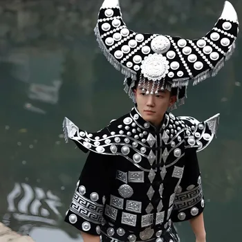 Китайский танцевальный костюм Мяо Для мужчин, этническое украшение из ткани, включает шляпу Hmongb Perform