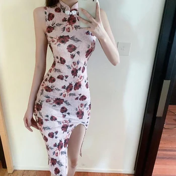Цветочный летний Чонсам Сексуальное тонкое женское винтажное платье без рукавов Китайские традиционные платья Ципао