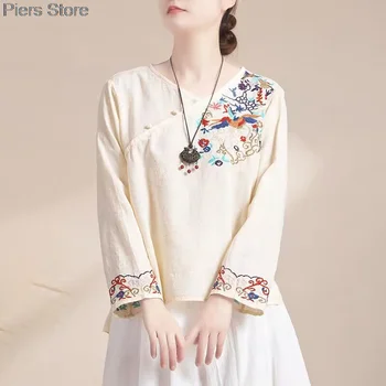Осенняя женская Традиционная китайская одежда, топ в стиле ретро с цветочным принтом, Топ Hanfu, Женские топы, Элегантный Восточный костюм Тан, китайская блузка