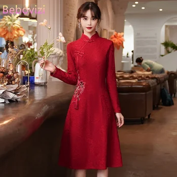 Новый улучшенный китайский стиль, осеннее высококачественное темпераментное национальное платье Ципао с длинным рукавом CNY