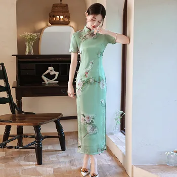 Yourqipao Летнее Двухслойное Зеленое Длинное Платье Ципао Ципао в Китайском Стиле в Стиле Ретро для Подиума