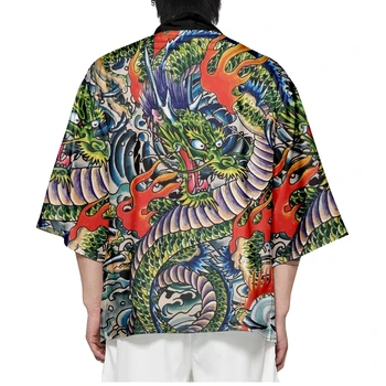 Японское Кимоно с принтом Дракона в стиле Харадзюку, Модный Пляжный Кардиган-Юката, Уличная Одежда, Женские Мужские Рубашки, Топ
