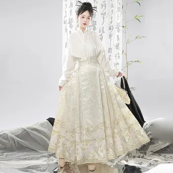 Оригинальное платье Hanfu, женский воротник с вышивкой в стиле династии Мин, рукав-самолет, юбка в китайском стиле с лошадиным лицом, повседневное платье Mamian