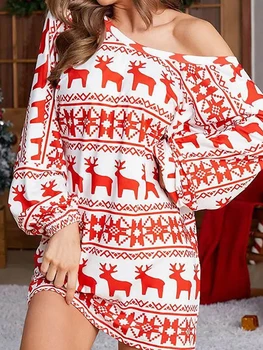 Красное платье Санта-Клауса Для женщин 2023, Рождественский стиль, платье с принтом Снежинок, модное платье с длинным рукавом, Свободная повседневная одежда большого размера