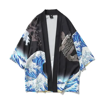 Черное Кимоно Кардиган Пара Рубашек Женщины Мужчины Японский Оби Мужчина Хаори Японская волна Карп Пальто с принтом Традиционная Японская одежда