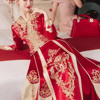 Свадебное платье невесты в китайском стиле, Классический традиционный свадебный костюм Ципао Чонсам, изысканная вышивка, одежда для костюма Тан