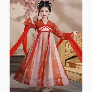 Китайский Стиль Hanfu Kids Girls Tang Suit Красное Платье Феи Косплей Костюм
