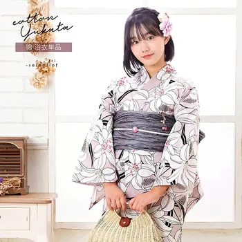 Японская традиционная Юката, хлопок, Женское кимоно, Винтажные платья, лилия, халат для косплея, платье для выступлений 163 см