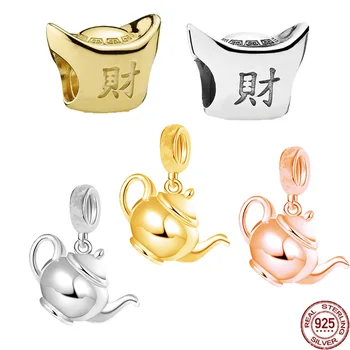 Новый чайник из розового золота и позолоченного серебра 925 пробы， Бусина-шарм Yuanbao подходит к оригинальному браслету Pandora и подарку ювелирных изделий DIY