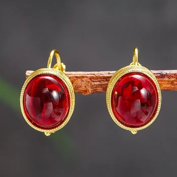 Винтажные декоративные золотые металлические серьги-кольца для женщин, креативные серьги с имитацией красного камня в этническом стиле, ювелирные украшения для вечеринок, подарки