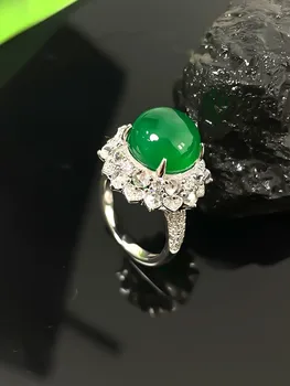 Зеленый нефритовый костный мозг, новое кольцо из серебра 925 пробы в китайском стиле, инкрустированное высокоуглеродистым алмазом, гладкая поверхность льда, уникальный дизайн