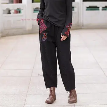 2024 китайские винтажные брюки с цветочной вышивкой женские традиционные широкие брюки с национальной эластичной резинкой на талии народные свободные брюки
