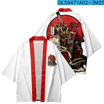 Белый кардиган с принтом Японского Самурая, рубашки для косплея, Модная Повседневная уличная одежда, Традиционное Кимоно Harajuku, Топы Оверсайз