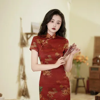 Yourqipao 2023 Лето Миди Чонсам Тонкий Модный Ретро Банкетный Костюм Для Выступлений В Китайском Стиле Вечернее Платье Ципао для Женщин