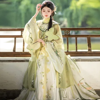 Летняя юбка с вертикальным воротником спереди, женская юбка-лошадь, облачная юбка Ming System, зеленая юбка-фея в китайском стиле Hanfu, женская юбка-фея в китайском стиле