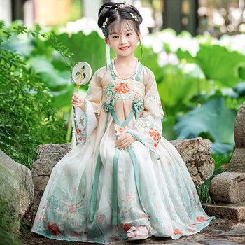 Косплей, цветочная вышивка, Одежда для народных танцев Ханфу, Традиционное платье, Древнекитайский костюм, Детское платье Феи
