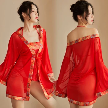Красное античное сетчатое кимоно в стиле искушения, униформа, женская одежда, халат, пижама, домашний костюм, сексуальный наряд с вырезами