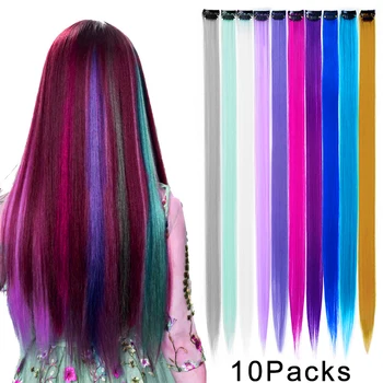 10 упаковок прямых цветных заколок для волос, цельные длинные синтетические радужные 22-дюймовые вечерние пряди для наращивания волос для женщин, детей и девочек