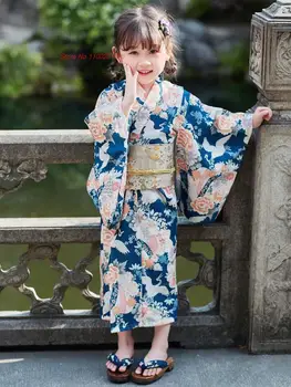 винтажное японское платье для детей 2024 года, традиционное кимоно, халат с национальным цветочным принтом, кимоно-юката, платье для косплея на сцене.