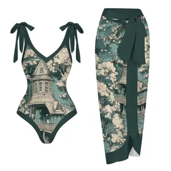 Купальник с принтом туманного леса, V-образный вырез, 2023, женский комплект для бассейна на бретелях большого размера, модная пляжная одежда из двух частей