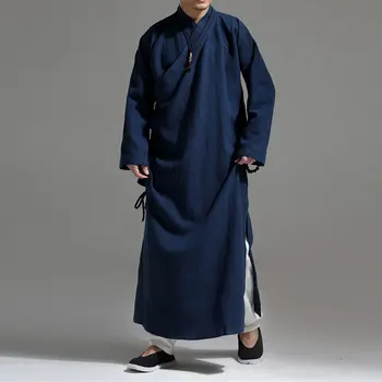 Мужская одежда в китайском стиле, халат, Винтажная косая планка, Длинная рубашка Hanfu, льняной костюм Тан, халат, буддийская одежда Дзен-лай, кунг-фу