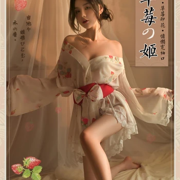 Японское кимоно Kawaii, Сексуальное женское белье, халат с клубничным принтом, Пижамная форма, аниме-косплей, Очаровательные костюмы, халат с поясом-бантом