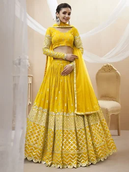 Желтая пакистанская одежда для новобрачных Lehenga Choli, одежда для вечеринок Lengha, женская одежда