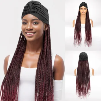 Длинный 24-дюймовый Омбре Черный Бордовый Плетеный синтетический парик С черной повязкой на голове Тюрбан С плетением для наращивания волос для чернокожих женщин