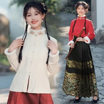 Зимняя плюшевая утолщенная теплая рубашка с воротником-стойкой, юбка с вышивкой в виде лошадиной морды, Китайская современная женская одежда Hanfu