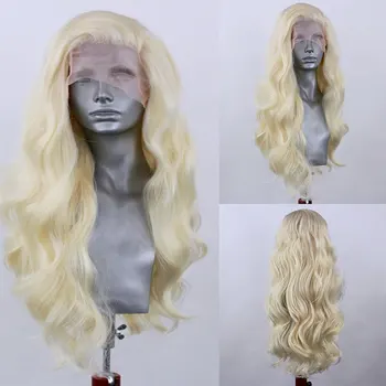 Потрясающая блондинка с объемной волной, синтетические парики на кружеве 13X4, Бесклеевые высококачественные волосы из термостойкого волокна для модных женских париков