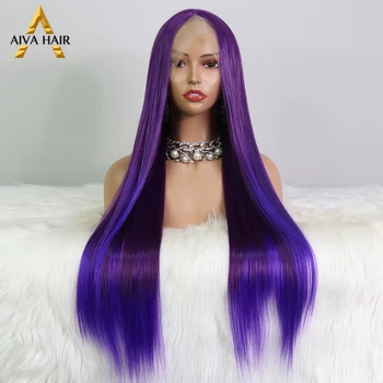 Омбре фиолетового цвета, синтетические парики на кружеве 13х4, Длинные прямые волосы 180 плотности, высокотемпературные парики для косплея для чернокожих женщин