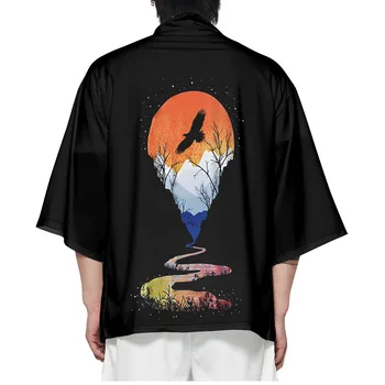 Мужская Черная рубашка-кардиган с принтом, Женский халат, кимоно Хаори, Юката, Японская одежда, Летняя азиатская уличная одежда