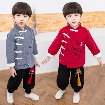 Зимний хлопковый костюм эпохи Тан с вышивкой для мальчиков, китайские милые новогодние наряды, детский комплект из двух предметов, одежда с хлопковой подкладкой