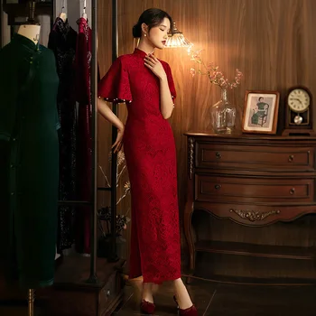 Сексуальное бордовое кружевное традиционное китайское платье Ципао с классическим воротником-стойкой, длинное банкетное платье знаменитостей Чонсам, Vestidos