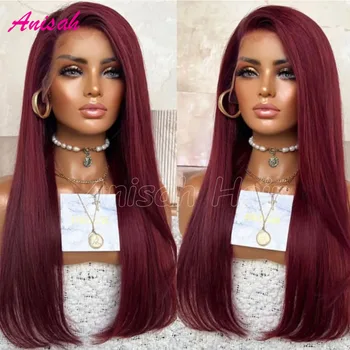 13x4 Бесклеевые парики из человеческих волос на кружеве бордового цвета 99J для женщин, Бразильские красные прямые волосы, прозрачные парики на кружеве